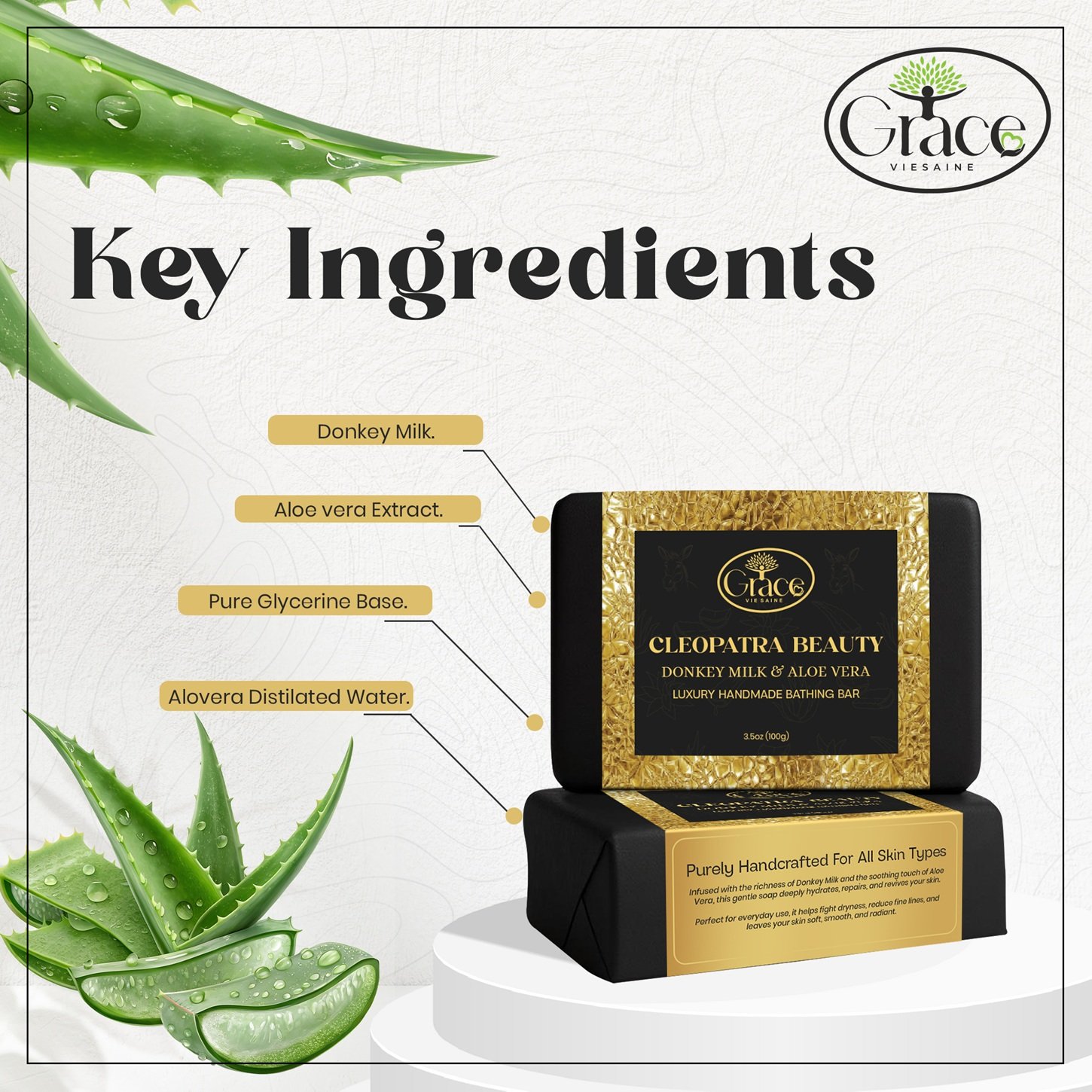 Donkey milk and aloe vera next to the soap