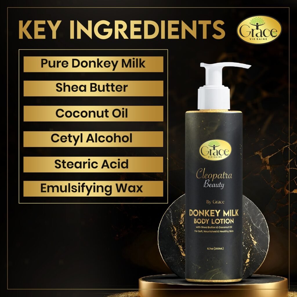 Key ingredients of Cleopatra Beauty Lotion including donkey milk