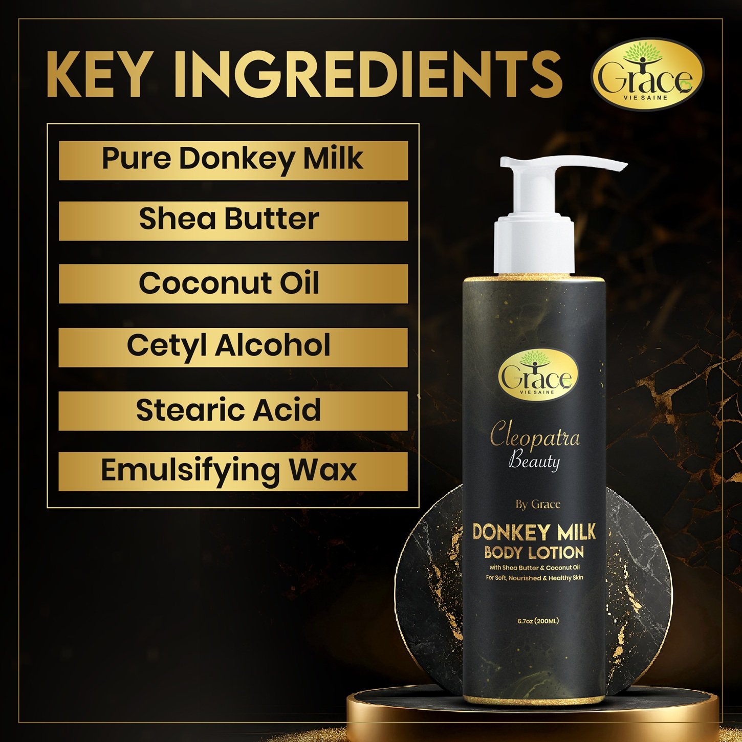 Key ingredients of Cleopatra Beauty Lotion including donkey milk