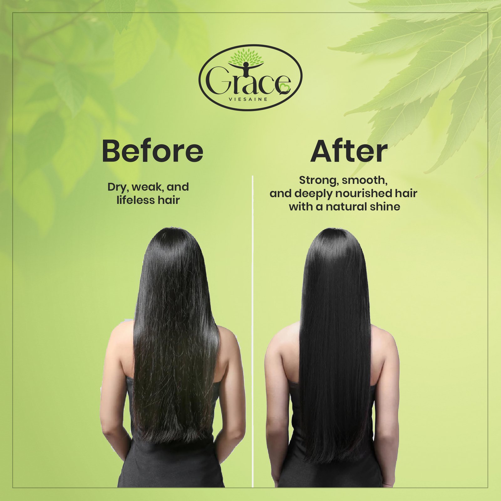 Before and after results from using Herbal Shampoo for hair strength and shine