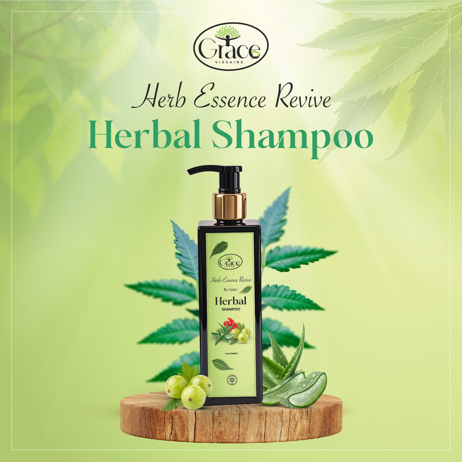 Front label view of Herb Essence Revive Herbal Shampoo bottle