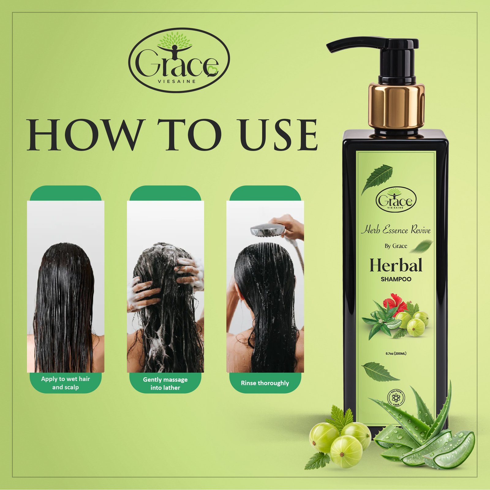 Illustrated guide showing how to use Herbal Shampoo