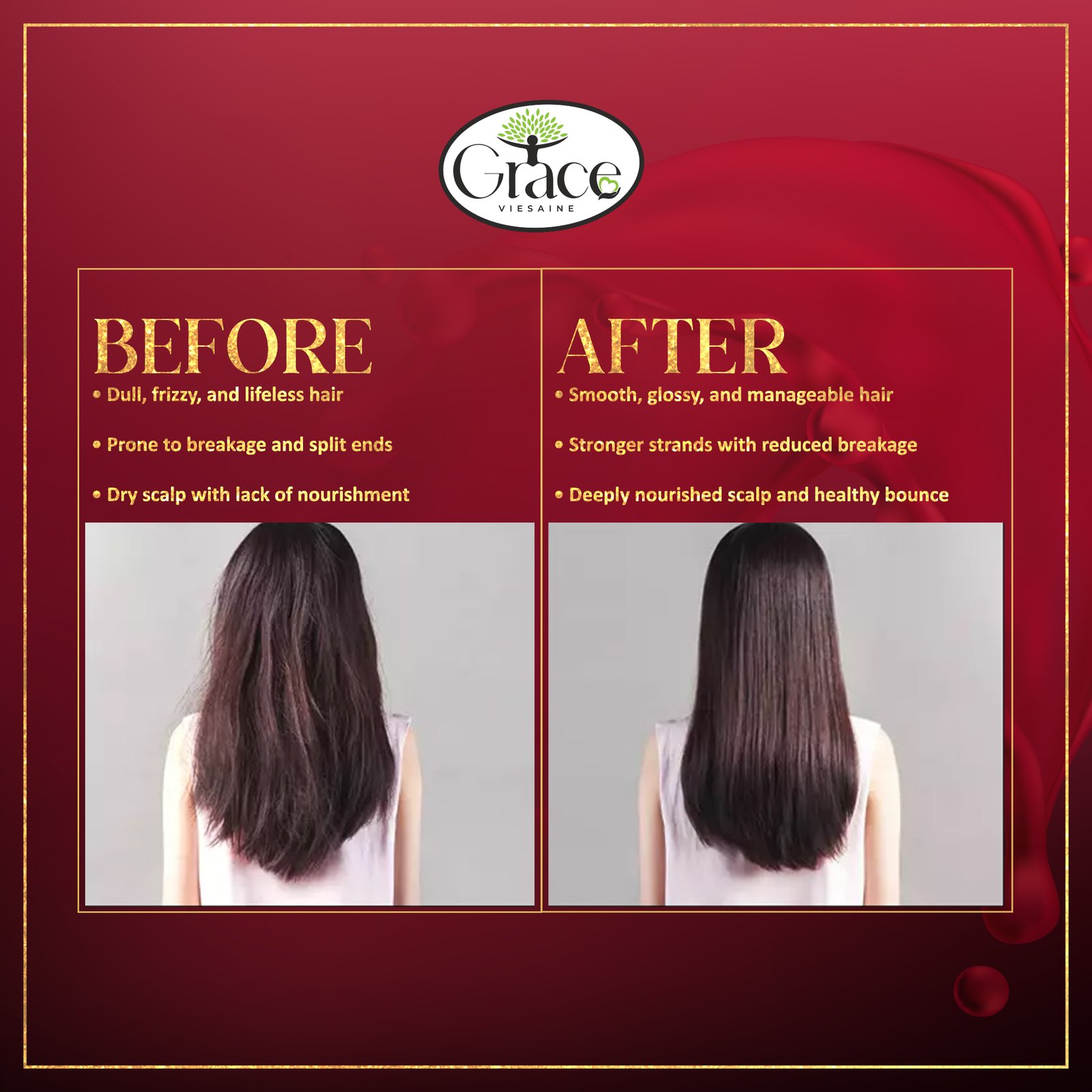 Before and after use results of Red Wine Shampoo showing improved shine and softness