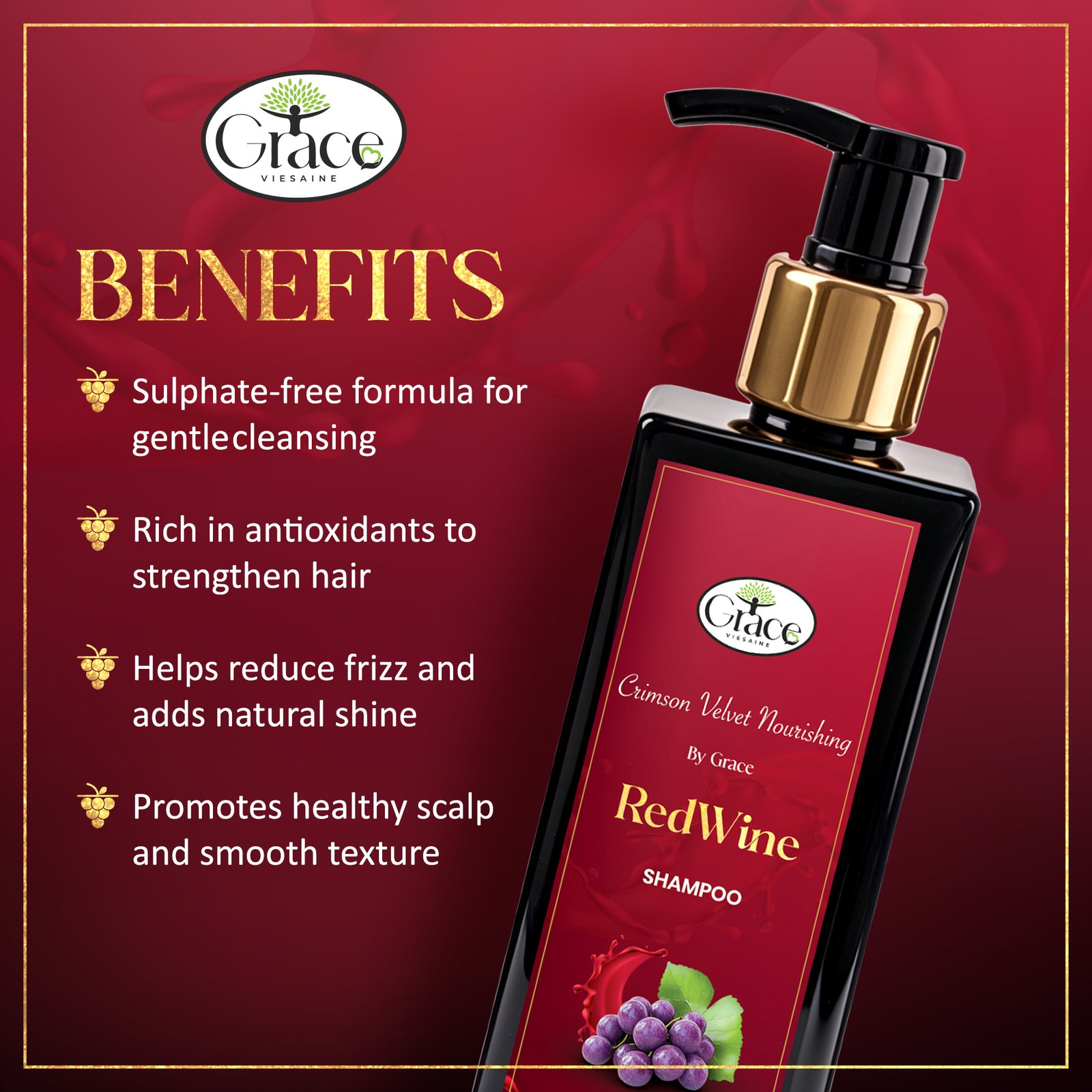Key benefits of Red Wine Shampoo including antioxidant support and shine