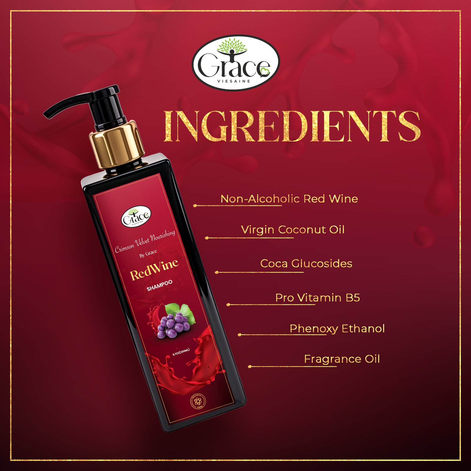 Highlight of non-alcoholic red wine and botanical base in the shampoo