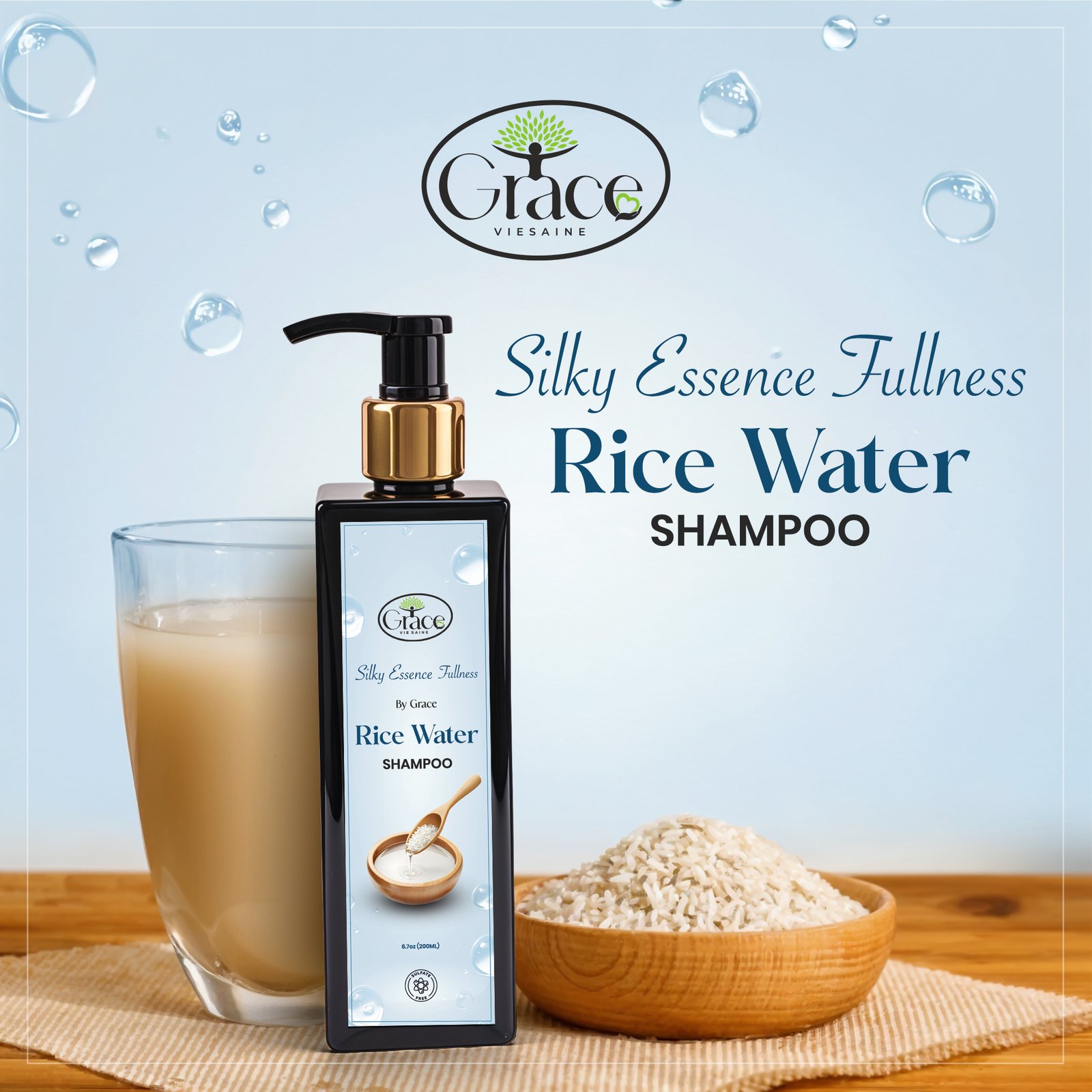 Front label view of Silky Essence Rice Water Shampoo bottle
