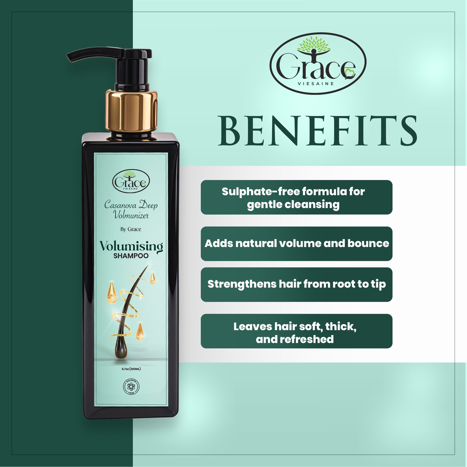 Infographic highlighting benefits like volume, strength, and shine